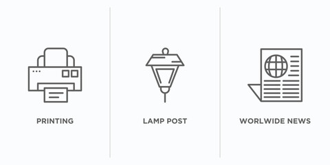 Poster - technology outline icons set. thin line icons such as printing, lamp post, worlwide news vector. lin