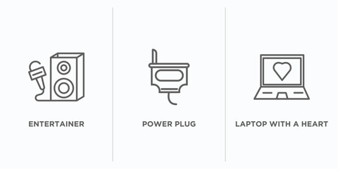 Poster - technology outline icons set. thin line icons such as entertainer, power plug, laptop with a heart vector. linear icon sheet can be used web and mobile