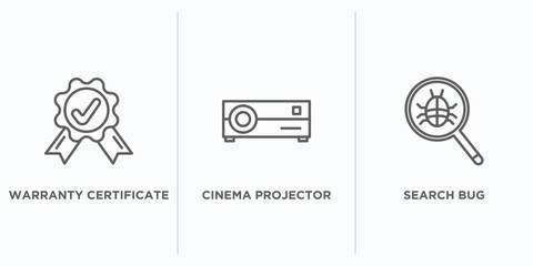 Poster - technology outline icons set. thin line icons such as warranty certificate, cinema projector, search bug vector. linear icon sheet can be used web and mobile
