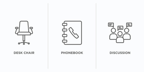 Poster - strategy outline icons set. thin line icons such as desk chair, phonebook, discussion vector. linear icon sheet can be used web and mobile