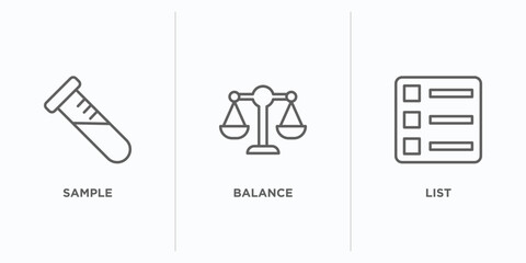 Poster - strategy outline icons set. thin line icons such as sample, balance, list vector. linear icon sheet 
