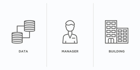 Poster - strategy outline icons set. thin line icons such as data, manager, building vector. linear icon sheet can be used web and mobile