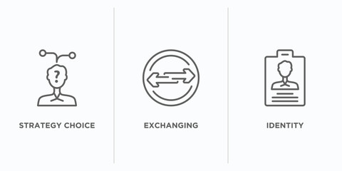 Poster - startup stategy and outline icons set. thin line icons such as strategy choice, exchanging, identity vector. linear icon sheet can be used web and mobile