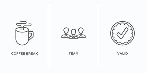 Poster - startup stategy and outline icons set. thin line icons such as coffee break, team, valid vector. linear icon sheet can be used web and mobile