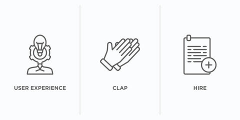 Poster - startup stategy and outline icons set. thin line icons such as user experience, clap, hire vector. linear icon sheet can be used web and mobile