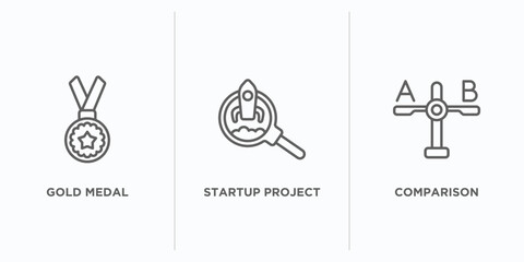 Poster - startup stategy and outline icons set. thin line icons such as gold medal, startup project search, comparison vector. linear icon sheet can be used web and mobile
