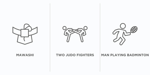 sports outline icons set. thin line icons such as mawashi, two judo fighters, man playing badminton vector. linear icon sheet can be used web and mobile