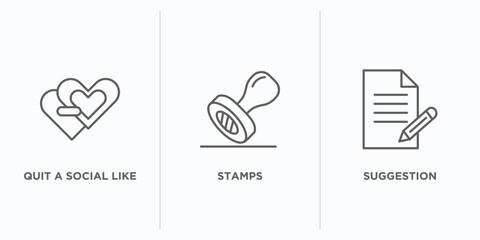 Poster - social media marketing outline icons set. thin line icons such as quit a social like, stamps, suggestion vector. linear icon sheet can be used web and mobile