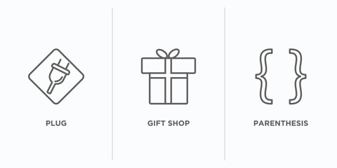 Poster - signs outline icons set. thin line icons such as plug, gift shop, parenthesis vector. linear icon sheet can be used web and mobile