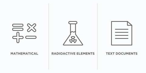 Poster - signs outline icons set. thin line icons such as mathematical, radioactive elements, text documents vector. linear icon sheet can be used web and mobile