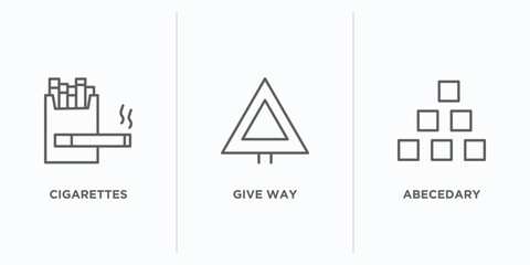 Poster - signaling outline icons set. thin line icons such as cigarettes, give way, abecedary vector. linear 