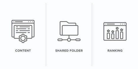 Poster - search engine optimization outline icons set. thin line icons such as content, shared folder, ranking vector. linear icon sheet can be used web and mobile