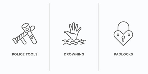 Poster - security outline icons set. thin line icons such as police tools, drowning, padlocks vector. linear 