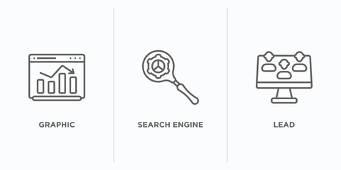 Poster - search engine optimization outline icons set. thin line icons such as graphic, search engine, lead vector. linear icon sheet can be used web and mobile