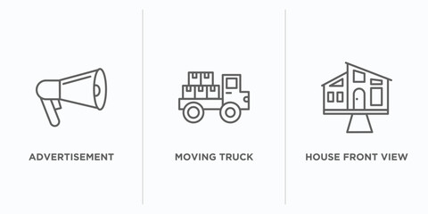 Poster - real estate outline icons set. thin line icons such as advertisement, moving truck, house front view vector. linear icon sheet can be used web and mobile