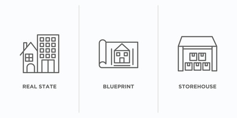 Poster - real estate outline icons set. thin line icons such as real state, blueprint, storehouse vector. linear icon sheet can be used web and mobile