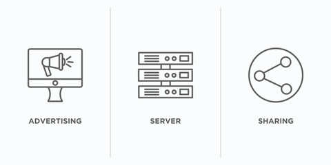 Poster - seo outline icons set. thin line icons such as advertising, server, sharing vector. linear icon sheet can be used web and mobile