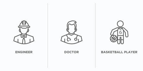 Poster - professions outline icons set. thin line icons such as engineer, doctor, basketball player vector. linear icon sheet can be used web and mobile