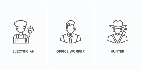 Poster - professions outline icons set. thin line icons such as electrician, office worker, hunter vector. linear icon sheet can be used web and mobile