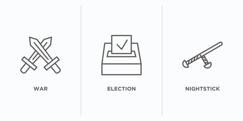 Poster - political outline icons set. thin line icons such as war, election, nightstick vector. linear icon sheet can be used web and mobile