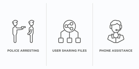 Poster - people outline icons set. thin line icons such as police arresting man, user sharing files, phone assistance vector. linear icon sheet can be used web and mobile