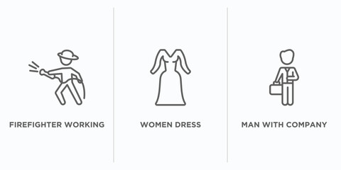 Poster - people outline icons set. thin line icons such as firefighter working, women dress, man with company