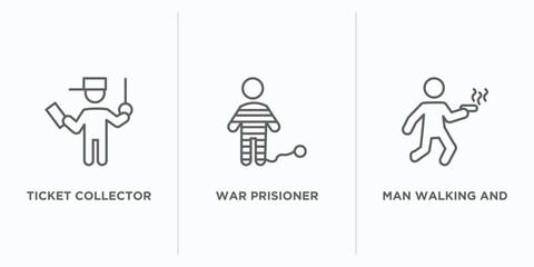 Poster - people outline icons set. thin line icons such as ticket collector, war prisioner, man walking and smoking vector. linear icon sheet can be used web and mobile