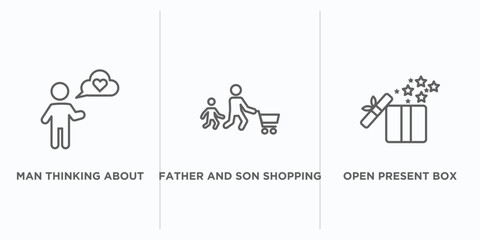 Poster - people outline icons set. thin line icons such as man thinking about love, father and son shopping, 