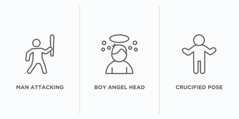 Poster - people outline icons set. thin line icons such as man attacking, boy angel head, crucified pose vect