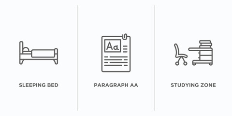 Poster - other outline icons set. thin line icons such as sleeping bed, paragraph aa, studying zone vector. linear icon sheet can be used web and mobile