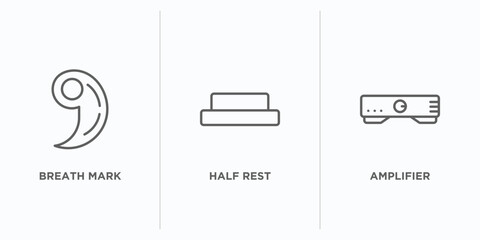 Poster - music and media outline icons set. thin line icons such as breath mark, half rest, amplifier vector. linear icon sheet can be used web and mobile