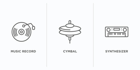 Poster - music and media outline icons set. thin line icons such as music record, cymbal, synthesizer vector.