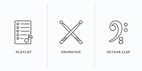 Poster - music and media outline icons set. thin line icons such as playlist, drumstick, octave clef vector. 