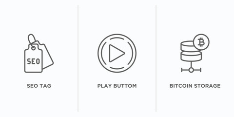 Poster - multimedia outline icons set. thin line icons such as seo tag, play buttom, bitcoin storage vector. linear icon sheet can be used web and mobile