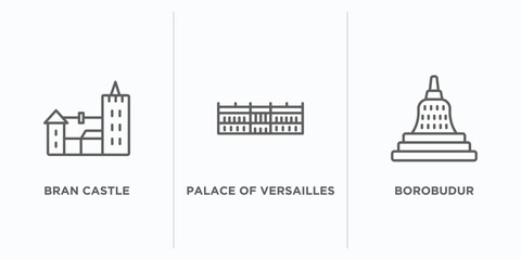 Poster - monuments outline icons set. thin line icons such as bran castle, palace of versailles, borobudur vector. linear icon sheet can be used web and mobile