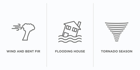 Poster - meteorology outline icons set. thin line icons such as wind and bent fir, flooding house, tornado season vector. linear icon sheet can be used web and mobile