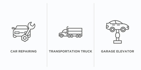 Poster - mechanicons outline icons set. thin line icons such as car repairing, transportation truck, garage e