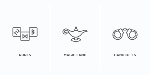 Wall Mural - magic outline icons set. thin line icons such as runes, magic lamp, handcuffs vector. linear icon sheet can be used web and mobile