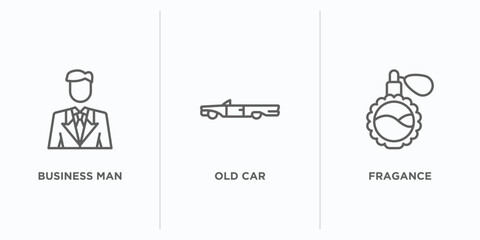 Poster - luxury outline icons set. thin line icons such as business man, old car, fragance vector. linear ico