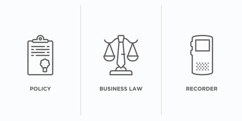 Poster - law and justice outline icons set. thin line icons such as policy, business law, recorder vector. li
