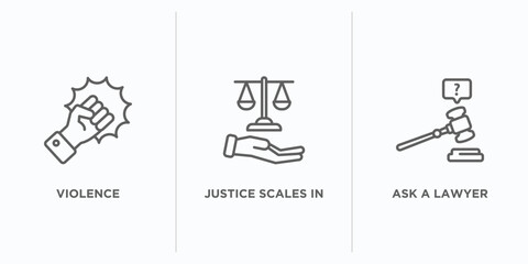 Poster - law and justice outline icons set. thin line icons such as violence, justice scales in hand, ask a l