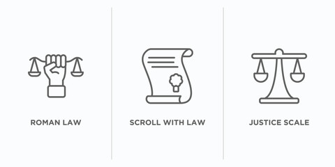 Poster - law and justice outline icons set. thin line icons such as roman law, scroll with law, justice scale