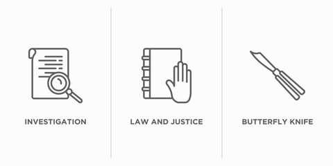 Poster - law and justice outline icons set. thin line icons such as investigation, law and justice, butterfly knife vector. linear icon sheet can be used web and mobile