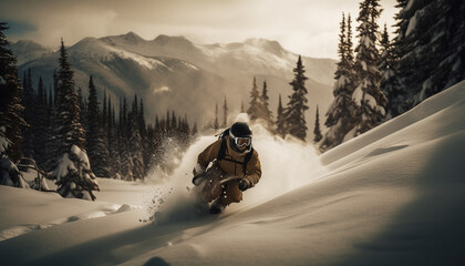 Poster - Man snowboarding down mountain in winter landscape generated by AI