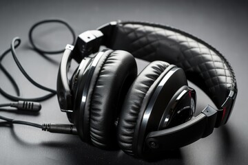 Poster - pair of modern headphones on a wooden table. Generative AI