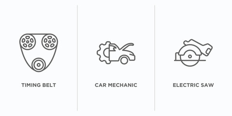 Poster - industry outline icons set. thin line icons such as timing belt, car mechanic, electric saw vector. linear icon sheet can be used web and mobile