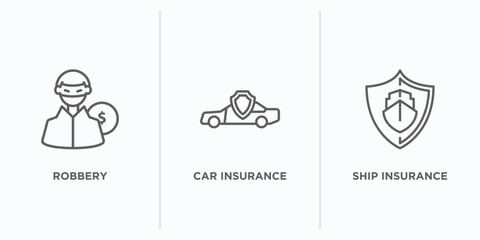 Sticker - insurance outline icons set. thin line icons such as robbery, car insurance, ship insurance vector. linear icon sheet can be used web and mobile