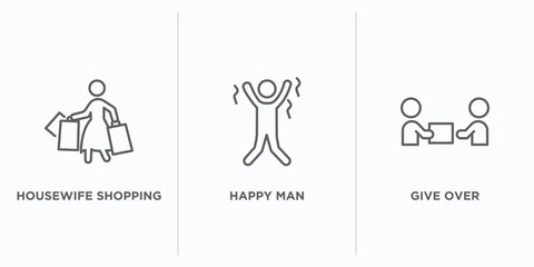 Poster - humans outline icons set. thin line icons such as housewife shopping, happy man, give over vector. linear icon sheet can be used web and mobile