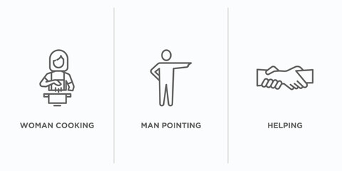 Poster - humans outline icons set. thin line icons such as woman cooking, man pointing, helping vector. linea