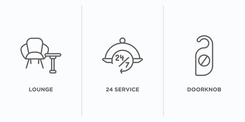 Poster - hotel and restaurant outline icons set. thin line icons such as lounge, 24 service, doorknob vector. linear icon sheet can be used web and mobile